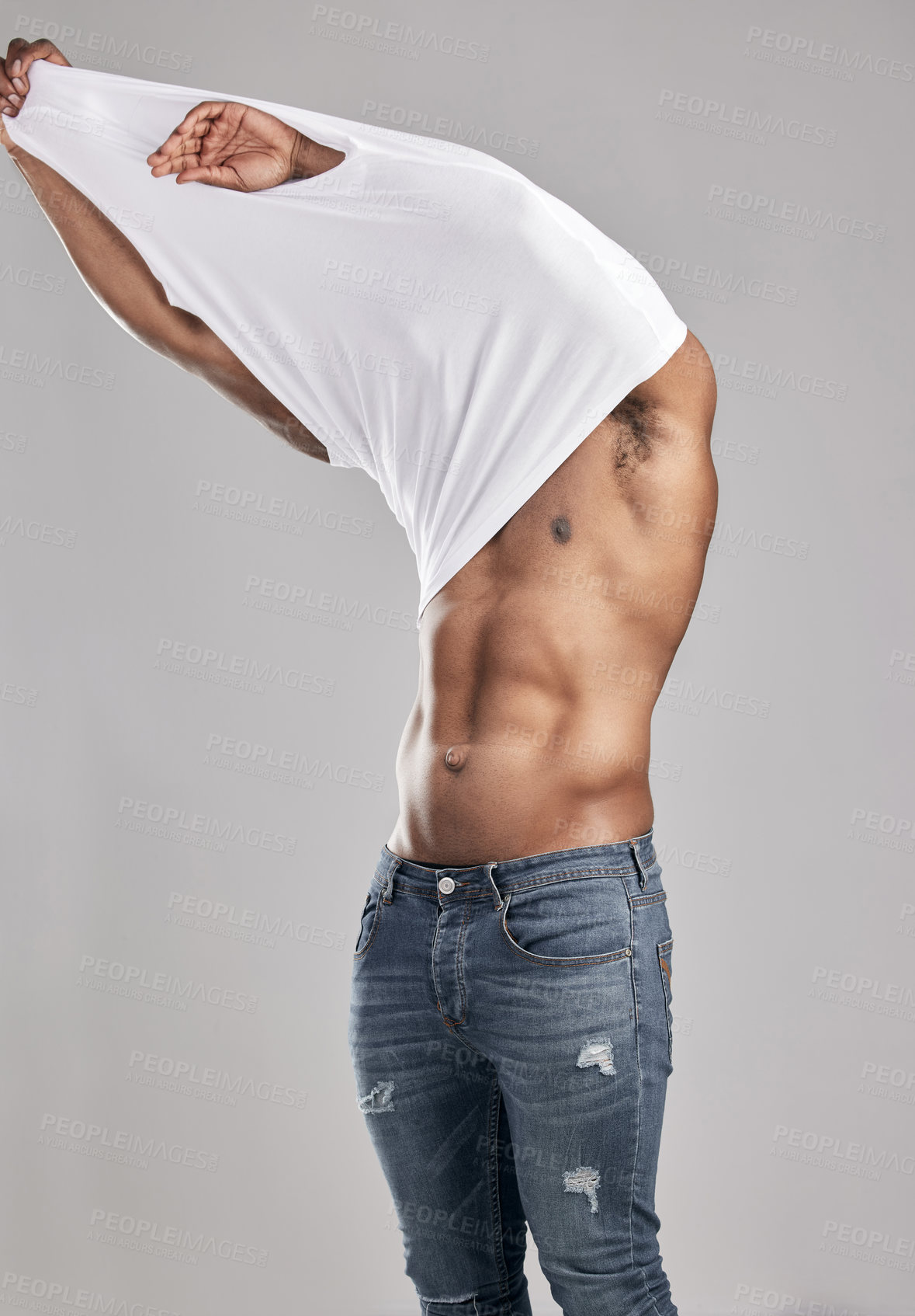 Buy stock photo Studio shot of a unrecognizable muscular man posing against a grey background