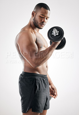 Buy stock photo Workout, man and dumbbell in studio with muscles, bodybuilder and exercise on white background and wellness. Bicep, fitness and weightlifting for strength or body goal, power and serious athlete