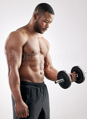 Buy stock photo Workout, man and dumbbell in studio with muscles, bodybuilder and exercise for health and wellness training. Bicep, fitness and weightlifting for strength or body goal, power and serious athlete
