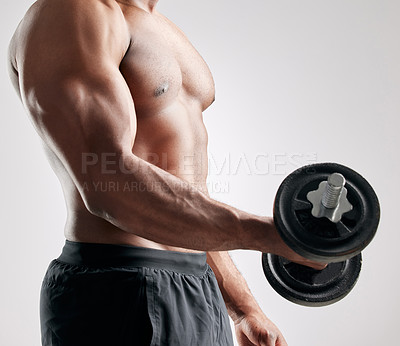 Buy stock photo Body, man and dumbbell in studio with muscles, bodybuilder and exercise on white background for wellness. Bicep, workout and weightlifting for strength or fitness goal, power and strong athlete