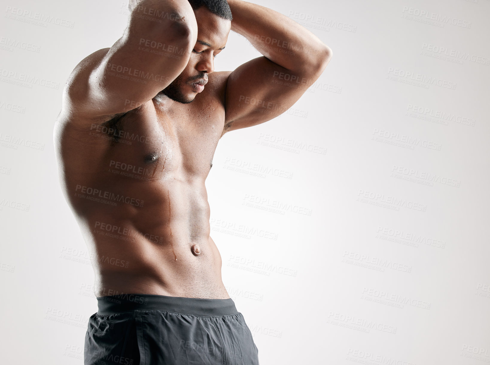 Buy stock photo Black man, muscular and fitness with abs for workout, exercise or training on a white studio background. Active African, male person or bodybuilder with muscle, strength or masculine body on mockup