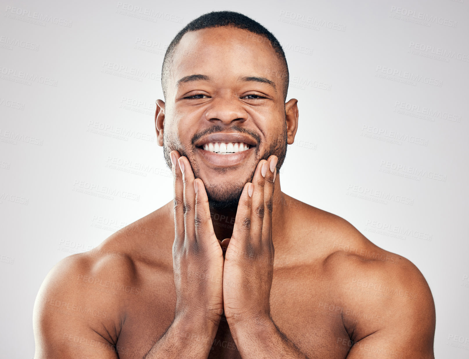 Buy stock photo Studio background, portrait and skincare of black man for wellness, healthy skin and pamper with cosmetics. Male model, hands and natural glow for beauty, treatment results and confidence by mockup