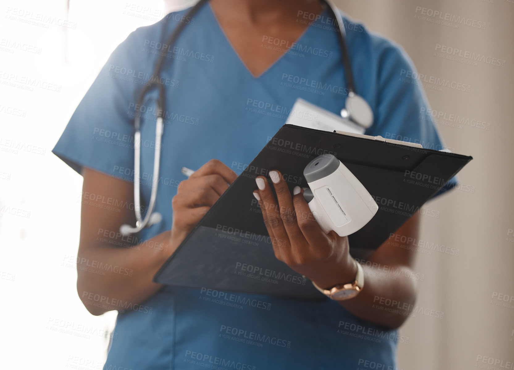 Buy stock photo Healthcare, woman and hands with clipboard and thermometer in closeup for fever or covid protocol. Female person, nurse and stethoscope with paperwork for health checklist or risk inspection