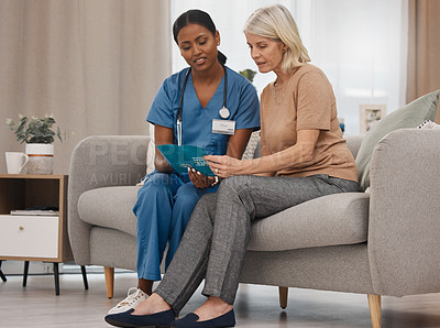 Buy stock photo Healthcare, doctor and mature woman with clipboard for fever protocol, patient advice and support. Senior, female person and nurse with stethoscope and paperwork for health checklist or consultation