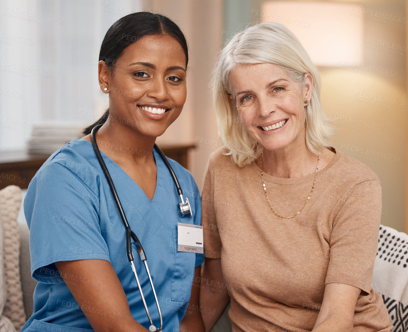 Buy stock photo Portrait, doctor and mature woman in home with support for healthcare, elderly care and wellness on sofa. Senior patient, smile and caregiver with empathy for medical volunteer service and retirement