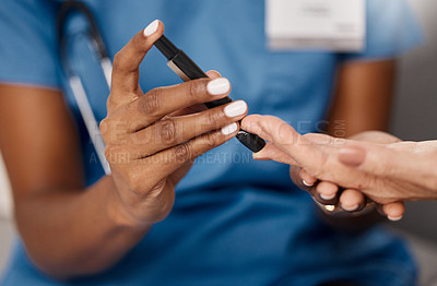 Buy stock photo Diabetes, doctor and of closeup woman hands with a blood sugar test pen at home consultation. Medical checkup or health wellness, support and female caregiver or nurse with a person for healthcare.