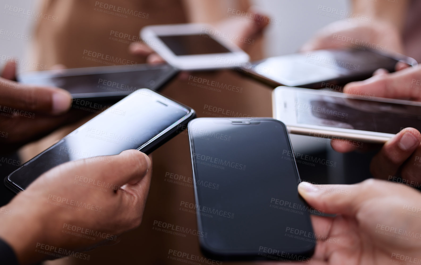 Buy stock photo People, hands and smartphones together in circle for contact, connection and communication. Social media, team and group of mobile in closeup for networking, collaboration and employee synergy