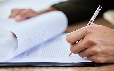 Buy stock photo Signature, writing and hands with a contract for recruitment, onboarding or business. Planning, investment and a person legal paperwork, application agreement and signing a plan at a desk for work
