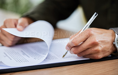 Buy stock photo Documents, writing and hands with a contract for recruitment, onboarding or business. Planning, investment and a person with signature for legal paperwork, agreement and signing a plan at a desk