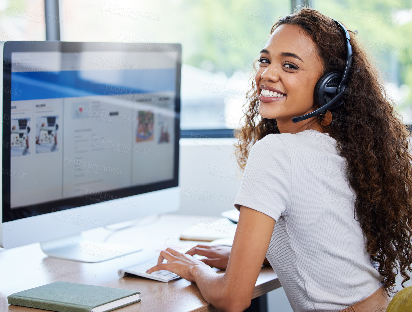 Buy stock photo Smile, portrait and happy woman in call center with computer screen, headset and lead generation in office. Telemarketing, virtual assistant or customer service agent on website for online support