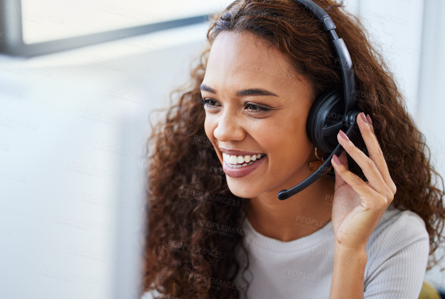 Buy stock photo Call center, consulting and listening with woman in office for telemarketing, customer service and ecommerce help desk. Advisory, sales and contact us with female consultant for crm agent and online