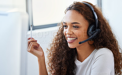 Buy stock photo Call center, consulting and online with woman in office for telemarketing, customer service and ecommerce help desk. Advisory, sales and contact us with female consultant at computer for crm agent