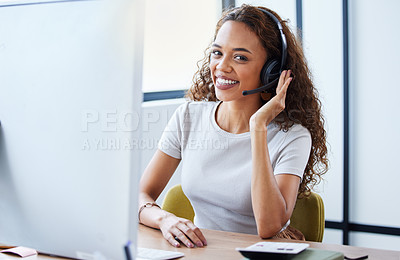 Buy stock photo Call center, consulting and portrait of business woman in office for telemarketing, customer service and ecommerce help desk. Advisory, sales and contact us with consultant at computer for crm agent