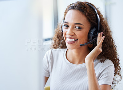 Buy stock photo Call center, portrait and business woman in office for telemarketing, customer service and ecommerce help desk. Advisory, sales and contact us with female consultant at computer for crm agent