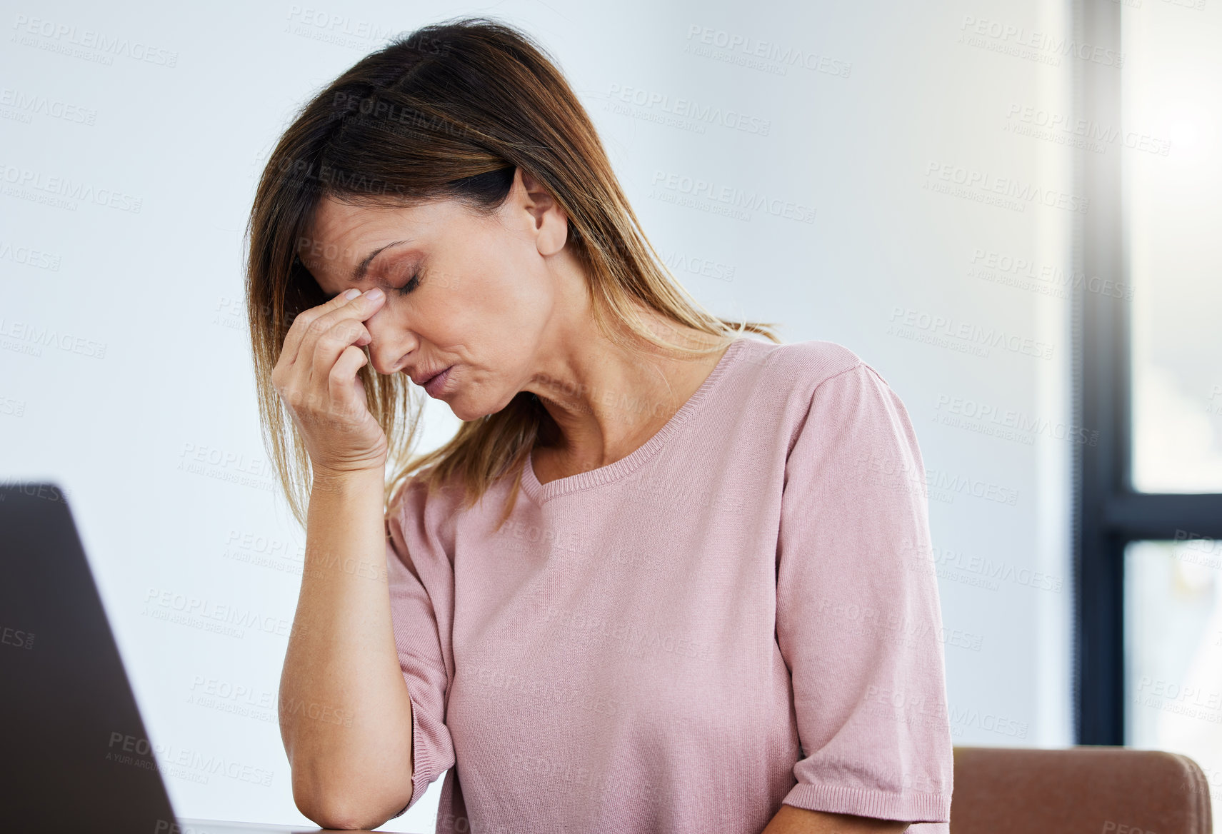 Buy stock photo Headache, office and business woman with stress and anxiety from deadline and project. Eye strain, brain fog and digital employee with online problem and fatigue from working at a desk with laptop