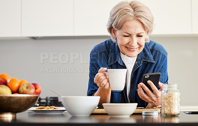 Buy stock photo Senior woman, cellphone and happy for coffee in kitchen with video call and communication in morning. Technology, retirement and internet for connection with breakfast for conversation in apartment