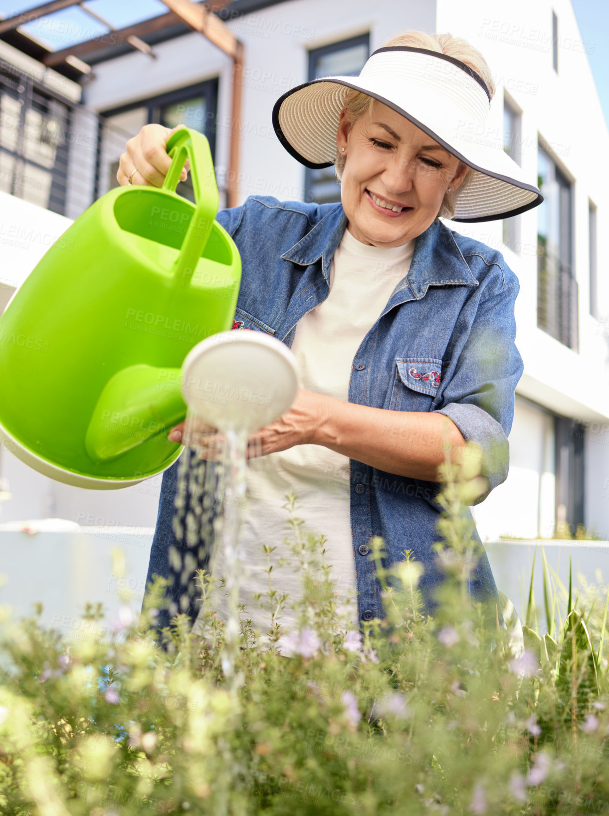 Buy stock photo Happy and mature woman watering flowers and gardening at home for eco friendly hobby in retirement. Senior, female person and smile with plant for growth, care and sustainable agriculture in backyard