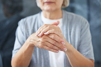 Buy stock photo Home, senior woman and apply hand cream for dry skin, hydration and anti aging benefits. House, bathroom and reflection of elderly person with cosmetics, lotion and skincare results in retirement