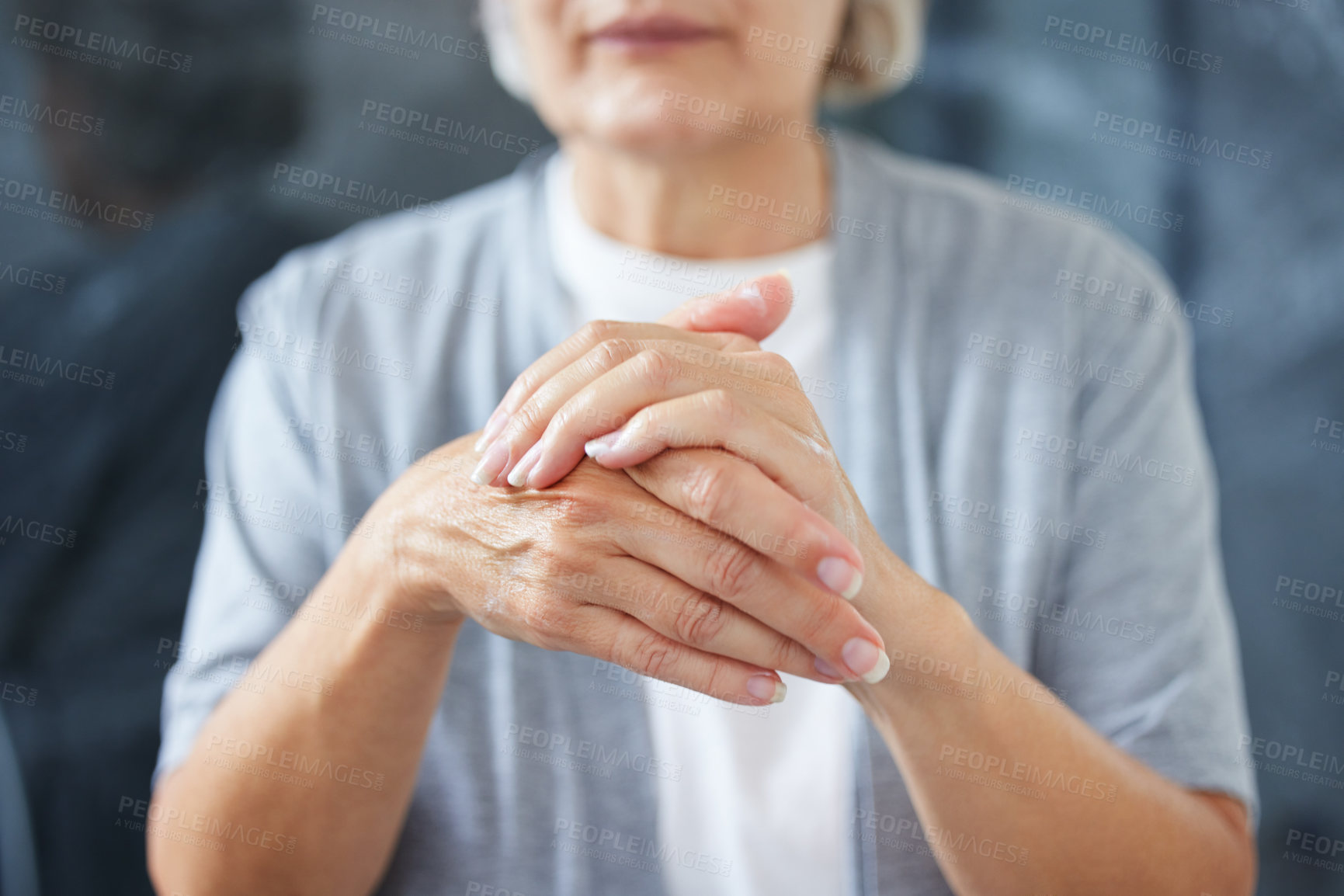 Buy stock photo Home, senior woman and apply hand cream for dry skin, hydration and anti aging benefits. House, bathroom and reflection of elderly person with cosmetics, lotion and skincare results in retirement