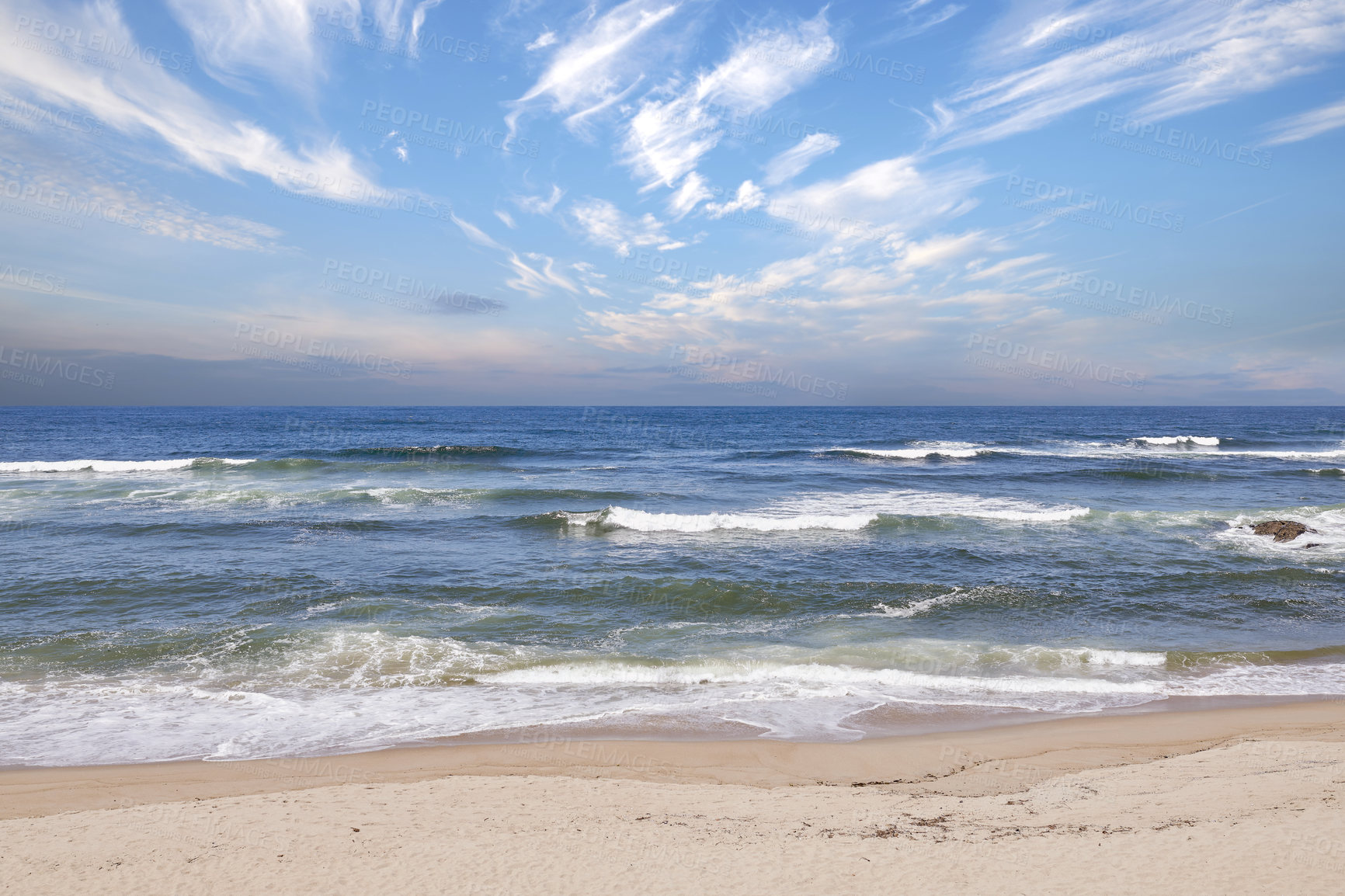 Buy stock photo Clouds, sky and beach with landscape of nature for travel destination, eco tourism and scenery. Empty, sand or waves with sea background for natural environment, vacation getaway and holiday location