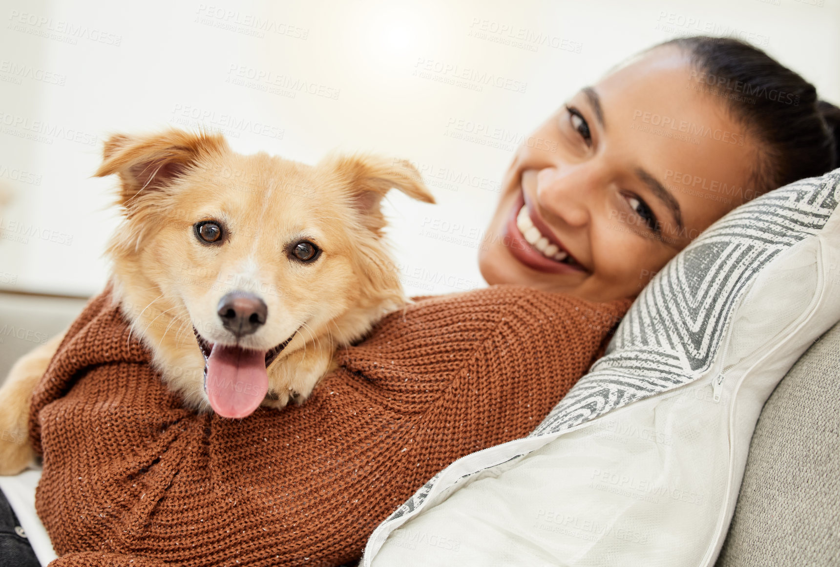 Buy stock photo Portrait, dog and woman on sofa with love for happiness, relax and playing together for support. Best friend, pet hug and girl on couch for kindness with loyalty, animal adoption and wellness in home