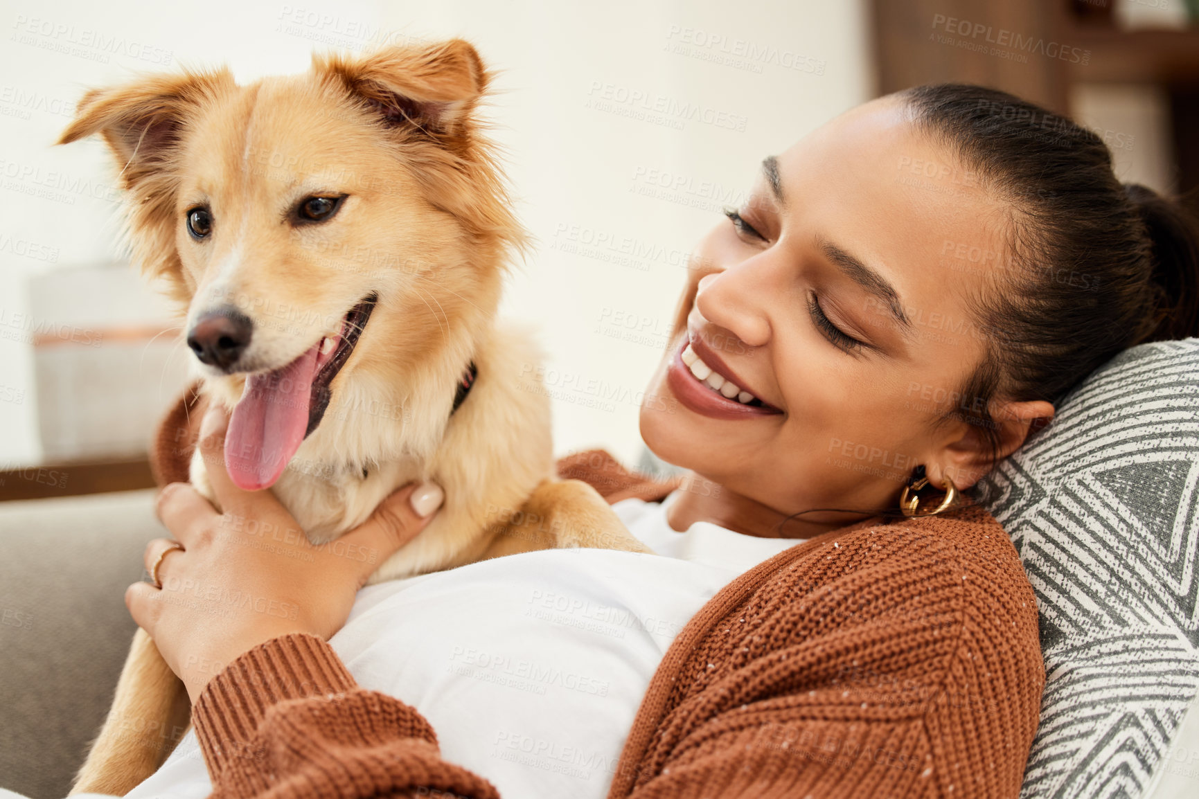 Buy stock photo Home, dog and woman on sofa with love for happiness, relax and playing together for support. Best friend, pet and girl on couch for weekend rest with loyalty, wellness and animal care in apartment