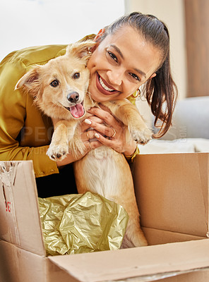 Buy stock photo Shot of a young woman sitting at home with an adorable little dog