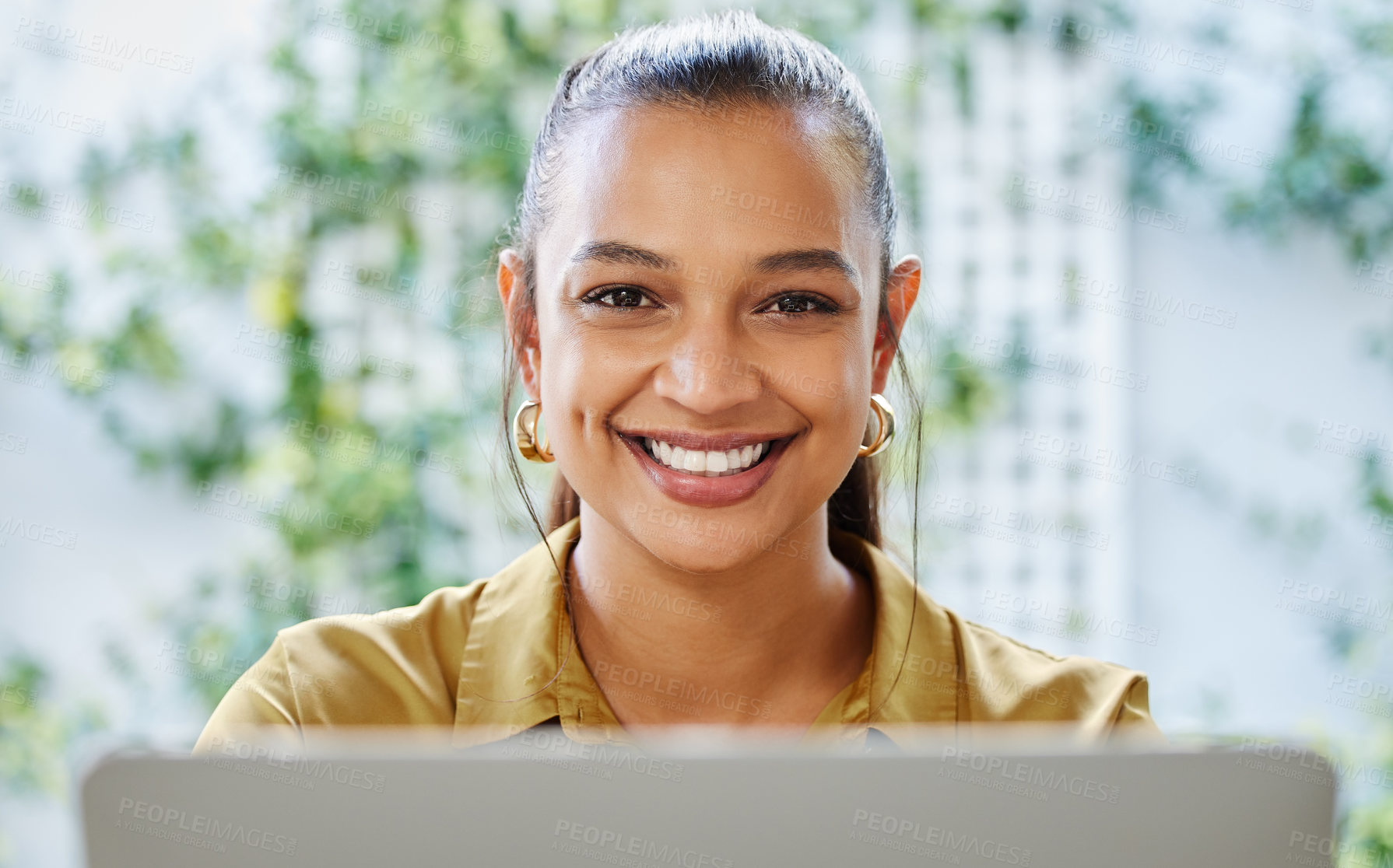 Buy stock photo Cropped portrait of an attractive young woman businesswoman working on her laptop at home