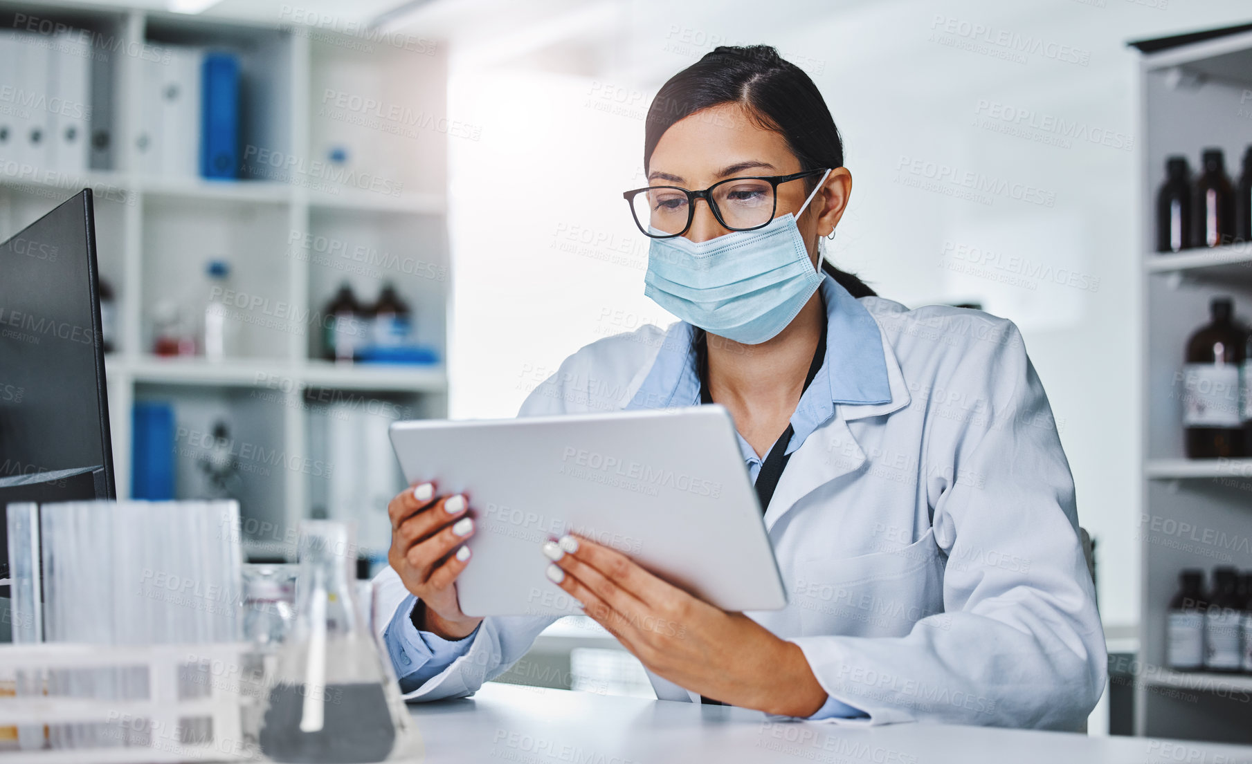 Buy stock photo Tablet, medical and research with woman and mask in hospital for innovation, healthcare and medicine. Doctor, scientist and technology for internet, development and online for analysis or knowledge