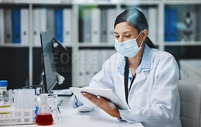 Buy stock photo Tablet, medical and woman with mask in hospital for innovation, healthcare and development. Doctor, technology and internet for knowledge, connection and research for analysis in clinic or laboratory