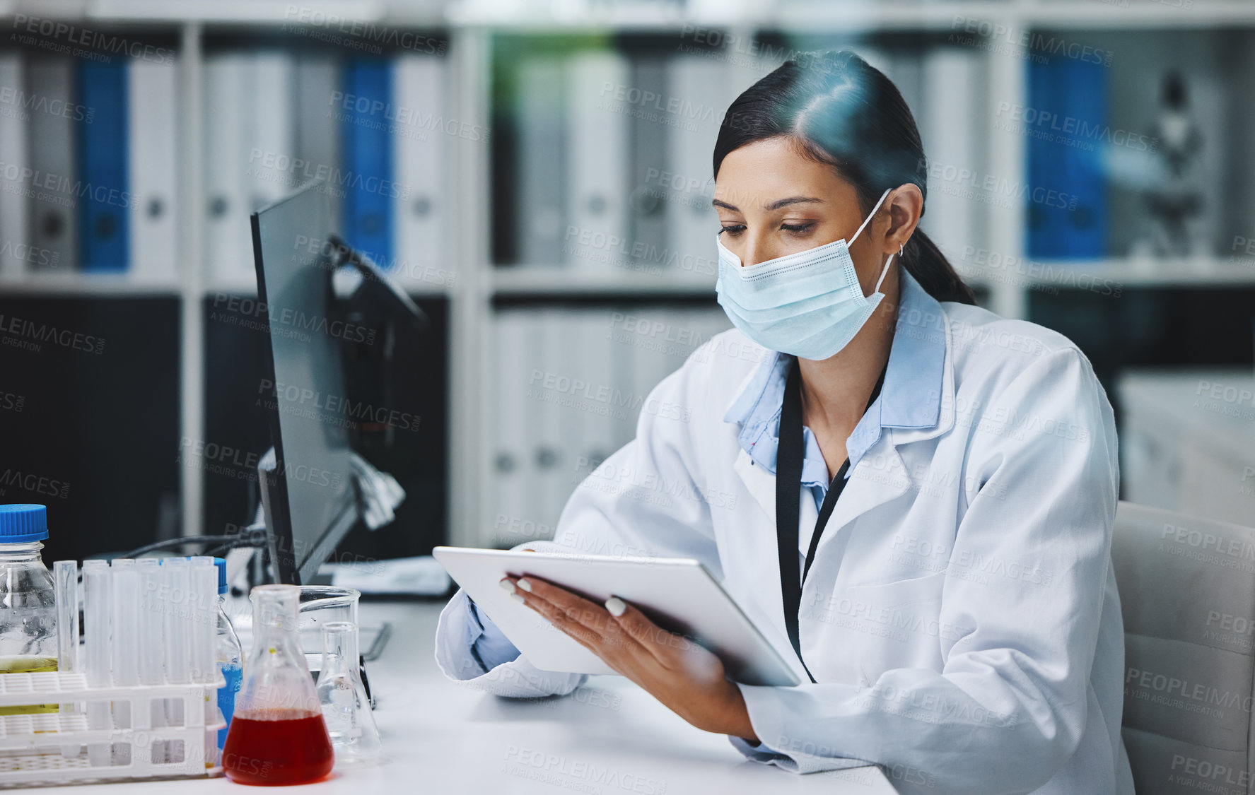 Buy stock photo Tablet, medical and woman with mask in hospital for innovation, healthcare and development. Doctor, technology and internet for knowledge, connection and research for analysis in clinic or laboratory