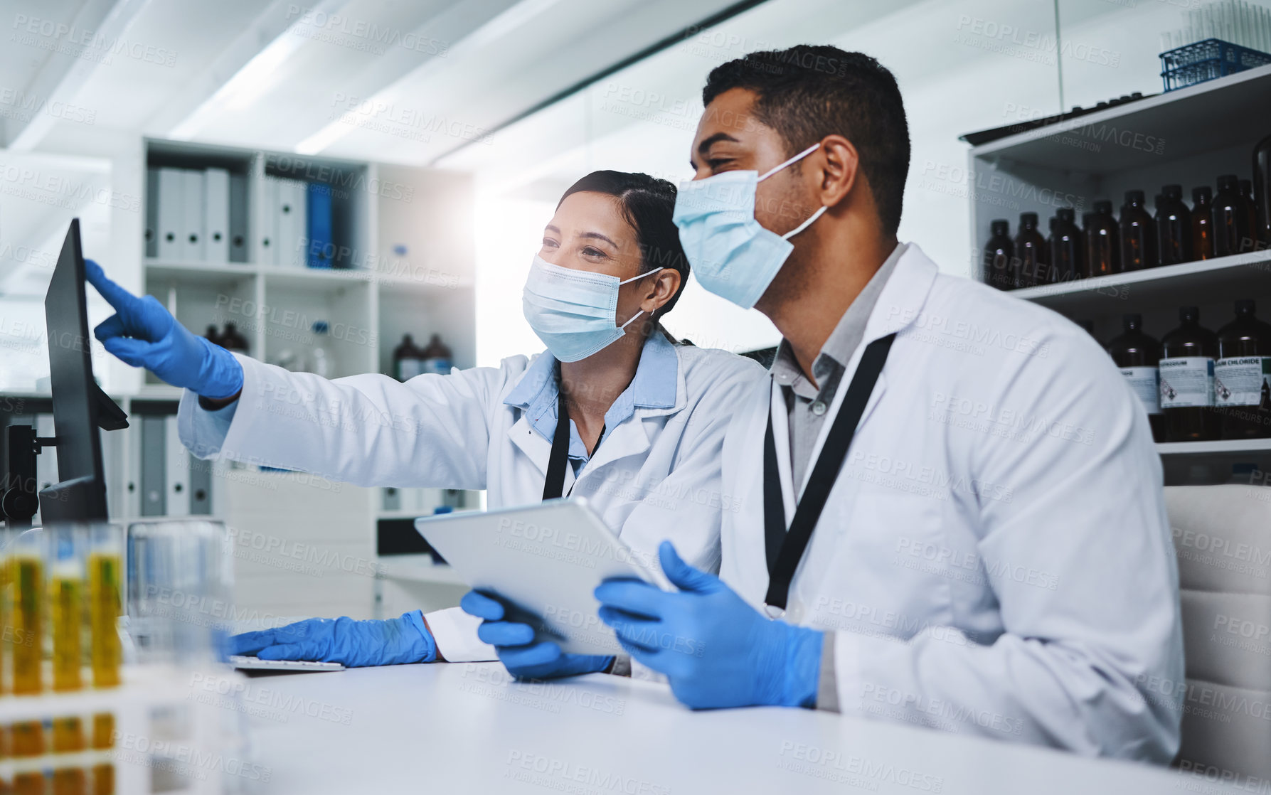 Buy stock photo People, science and discussion with tablet in laboratory, research for immunology development with face mask. Data analysis, scientist and talking for pharmaceutical trial, results and medical team