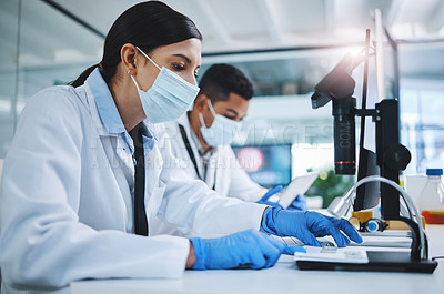 Buy stock photo Shot of two young researchers using digital devices in a laboratory