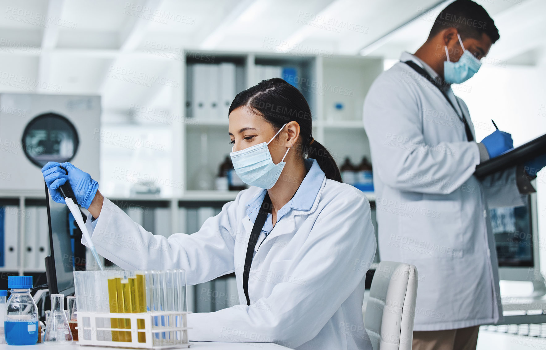 Buy stock photo People, face mask and science or research team, medical laboratory and innovation or healthcare employee. Vaccine, pharmaceutical study and chemical experiment, test tube and scientists with lab coat