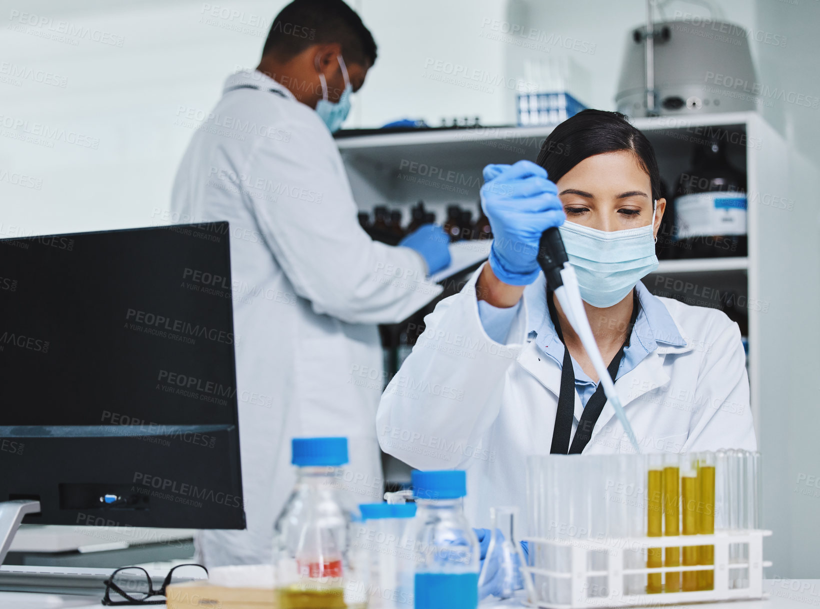 Buy stock photo Woman, technician and medical research for pandemic, vaccine and pipette with sample in lab for pharma innovation. Female person, scientist and virus in healthcare for chemistry in forensic for test