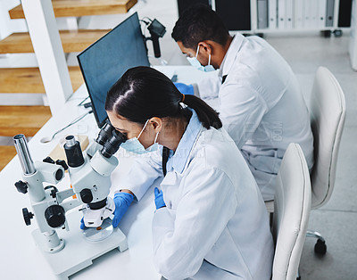 Buy stock photo Science, laboratory and scientists with microscope and computer for research, medical analysis and lab test. Healthcare, biotechnology and man and woman with equipment for sample, experiment and exam