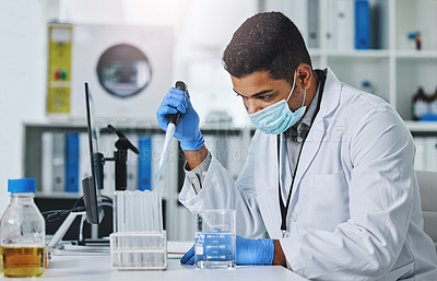 Buy stock photo Science man, pipette and test tube in lab medical, pharmaceutical or covid research in face mask. Young male scientist, innovation and development for test, check or medicine for virus in laboratory