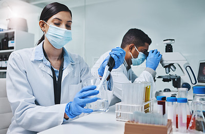 Buy stock photo People, face mask and scientist or research team, medical laboratory and innovation or healthcare employee. Vaccine, pharmaceutical and chemical experiment, beaker and pipette for immunology study