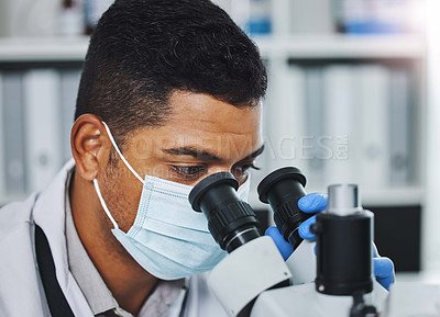 Buy stock photo Science, laboratory and man with microscope for research, medical analysis and virus lab test. Healthcare, biotechnology and male scientists with equipment for sample, experiment and chemistry exam