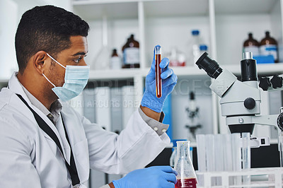 Buy stock photo Man, worker and lab with blood sample for research, pathology and medical dna for healthcare. Face mask, rna analysis and scientist investigation, biochemistry study and professional microscope