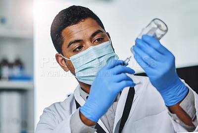 Buy stock photo Man, lab and science with vial or syringe, research and test drug for immunology experiment in pharmaceuticals. Glass bottle, face mask and healthcare professional, mrna vaccine and immunization