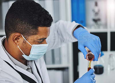 Buy stock photo Healthcare, doctor or man with blood sample in laboratory for experiment, diagnosis and dna information. Hospital, face mask and gloves of male scientist with vial for medical research, check or test