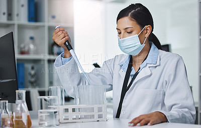 Buy stock photo Woman, scientist and medical research for covid 19, vaccine and pipette with sample, mask and lab for pharma. Female person, technician and virus in healthcare for chemistry in forensic for testing