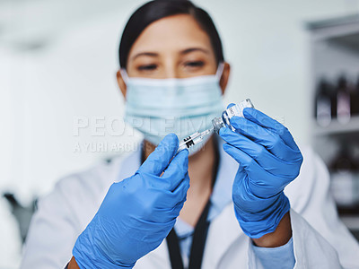 Buy stock photo Hands, medicine and vaccine with woman in lab research  for injection, safety and development of product for virus treatment goal. Scientist, medical and pharmaceutical cure solution of pandemic risk