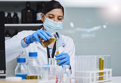 Buy stock photo Woman, scientist and medical research for covid 19, vaccine and beaker with sample in lab for pharma innovation. Female person, technician and virus in healthcare or chemistry in forensic for testing