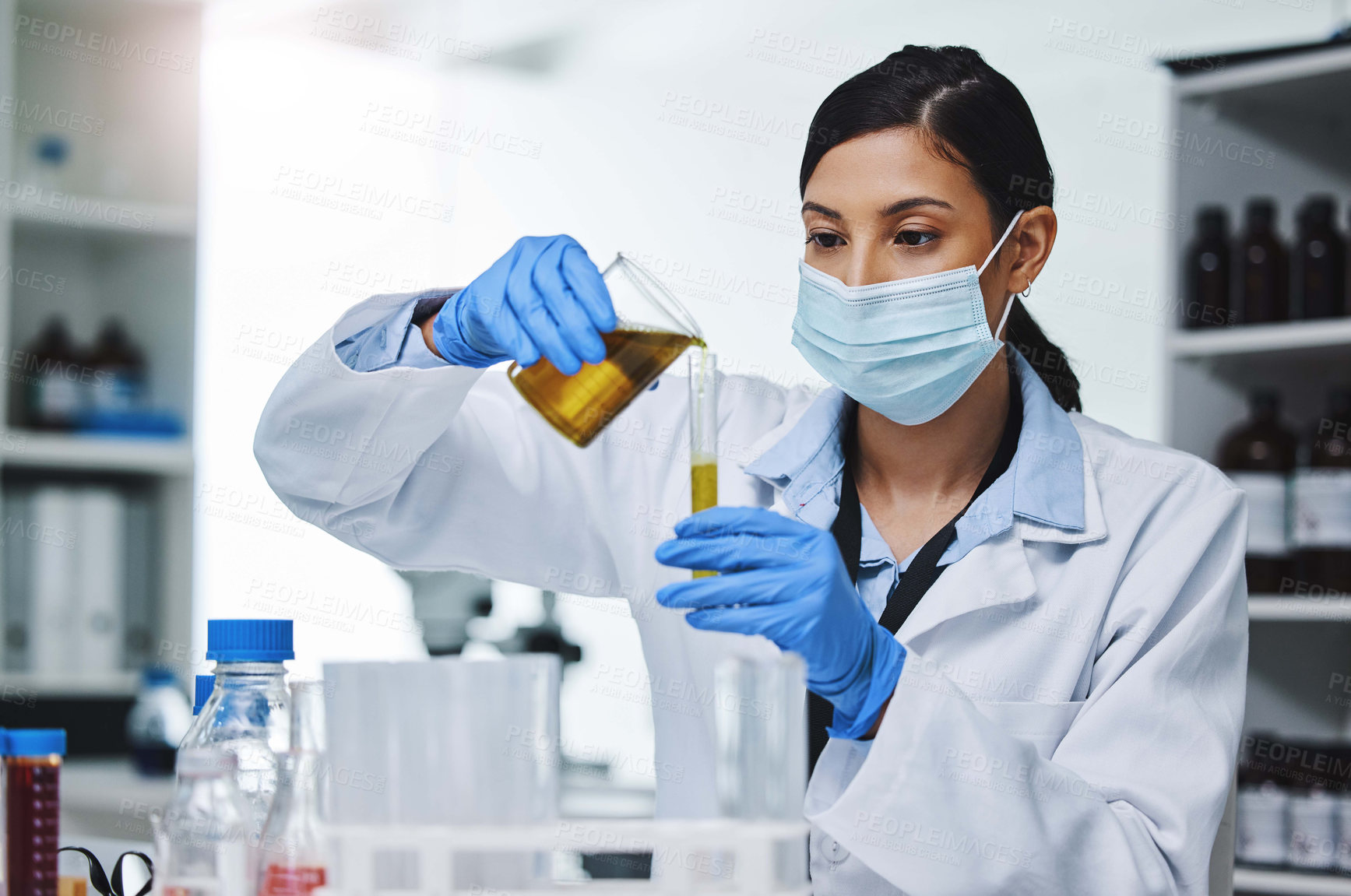 Buy stock photo Fluid, research or woman with sample for science, medical test or data for healthcare professional. Pathology, analysis or laboratory for stem cell study, dna or medicine innovation for biotechnology