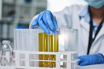 Buy stock photo Fluid, research and hand with test tubes for science, healthcare and data for professional person. Pathology, analysis or laboratory for stem cell study, dna and innovation for biotechnology clinic