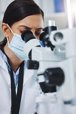 Buy stock photo Science, laboratory and woman with microscope for medical analysis, research and lab test. Healthcare, biotechnology and female scientists with equipment for sample, experiment and examine virus