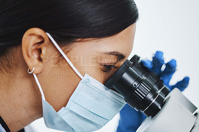 Buy stock photo Science, laboratory and face of woman with microscope for medical analysis, research and lab test. Healthcare, biotechnology and female scientists with equipment for sample, experiment and virus