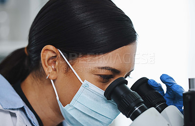 Buy stock photo Science, laboratory and woman with microscope for research, medical analysis and lab test. Healthcare, biotechnology and female scientist with equipment for sample, experiment and exam for virus